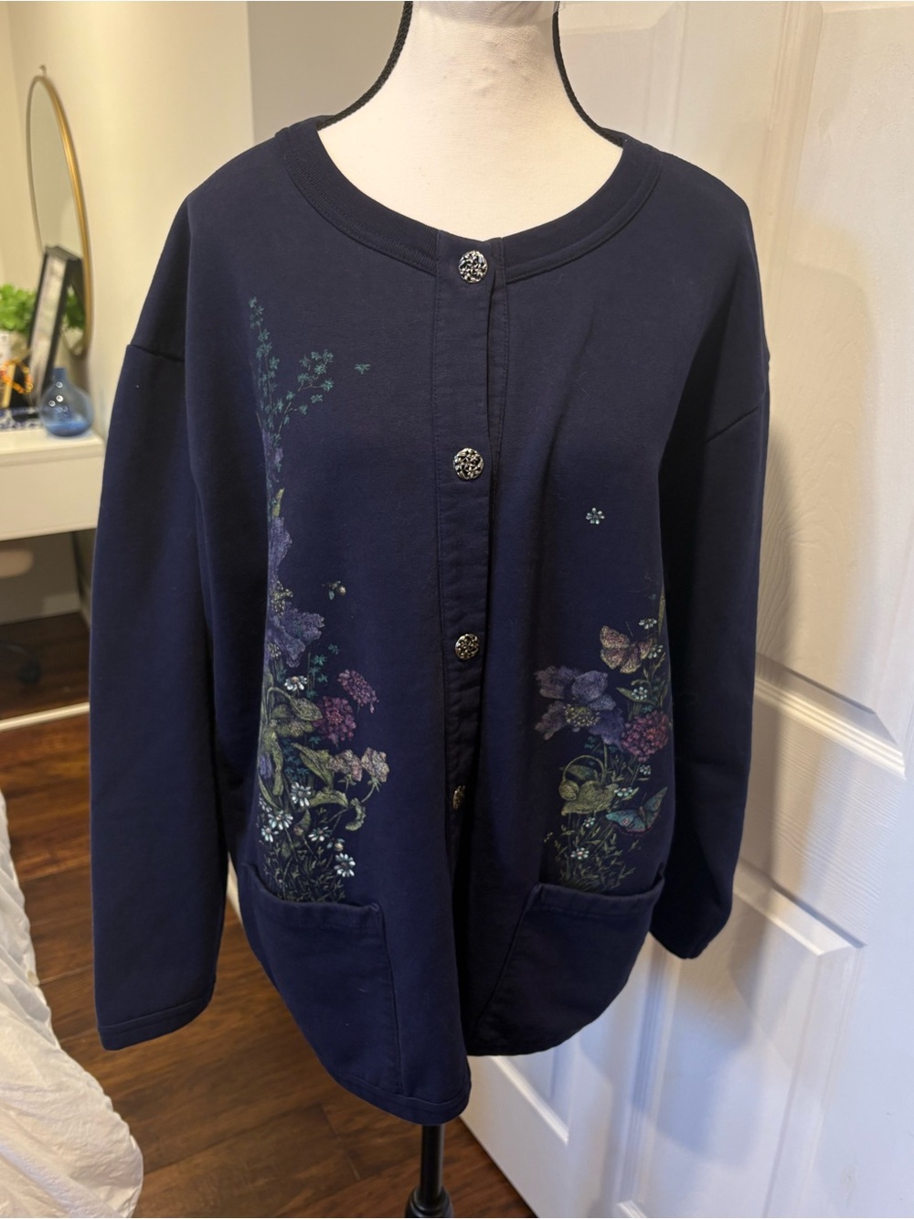 Northern Reflections Vintage Navy Floral Butterfly Button Front Cardigan